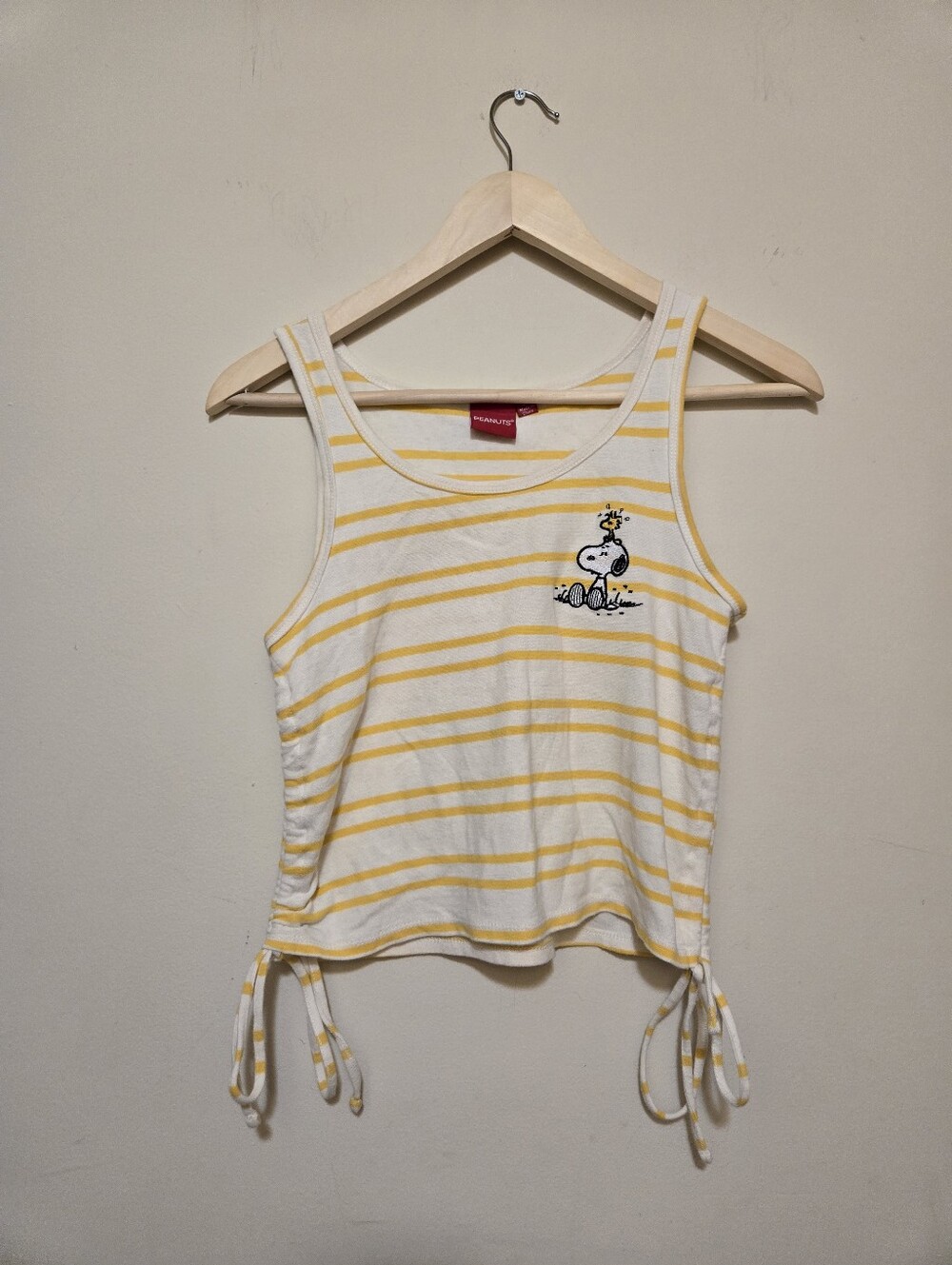 Peanuts Yellow & White Striped Snoopy Tie-Hem Tank. Size Large